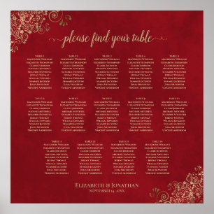 14 Tabelle Frily Wedding Seating Chart Red & Gold Poster