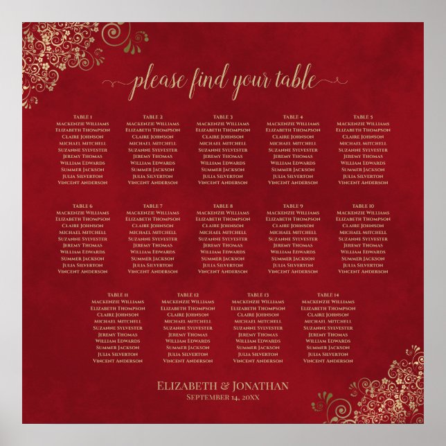 14 Tabelle Frily Wedding Seating Chart Red & Gold Poster (Vorne)