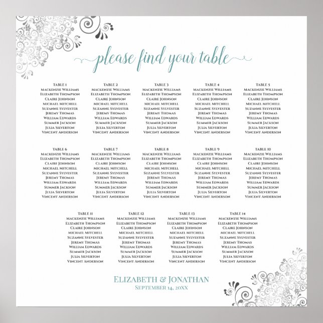 14 Tabelle Frily Wedding Seating Chart Weiß & Aqua Poster (Vorne)