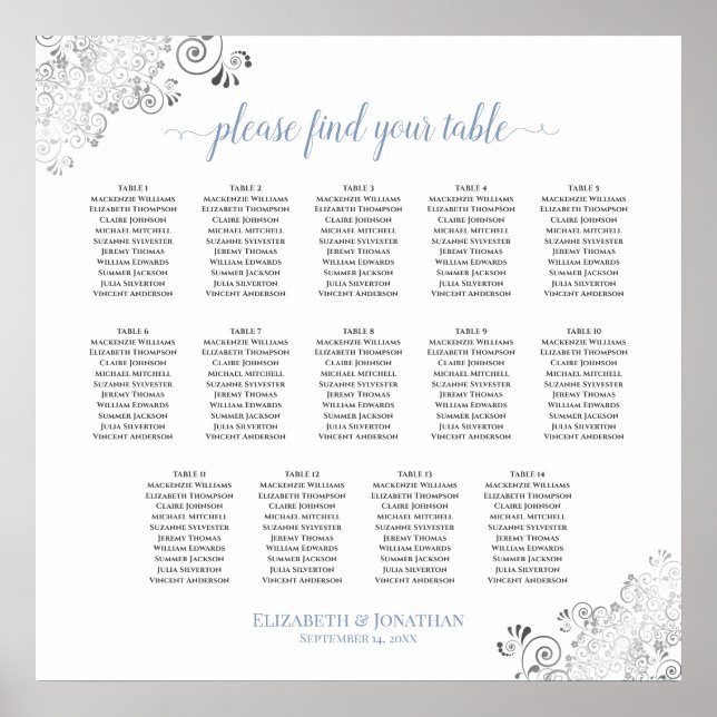 14 Tabelle Frily Wedding Seating Chart White & Blu Poster (Vorne)