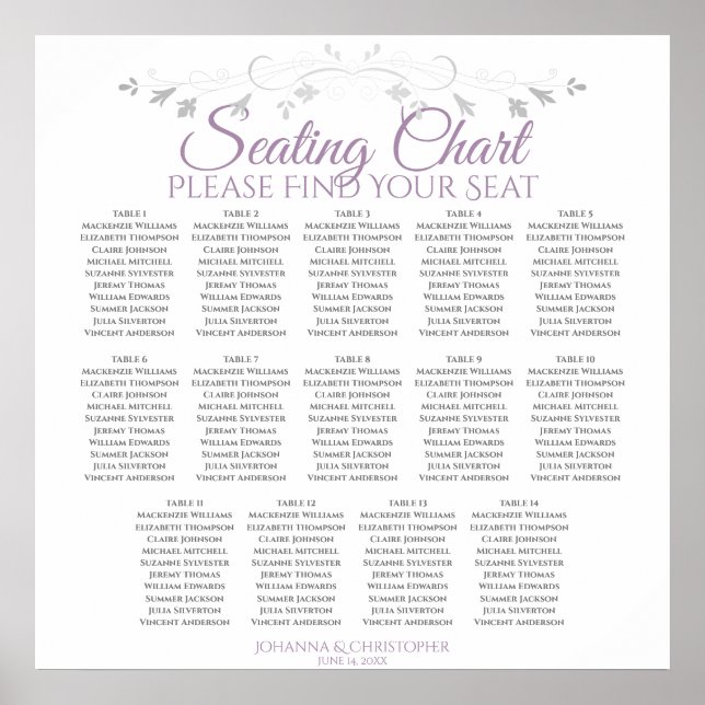 14 Tabelle Lila & grau Hochzeitstabelle Poster (Vorne)