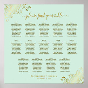14 Tabelle Minze Grün & Gold Hochzeitskarte Poster