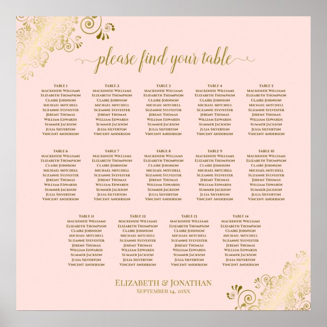 14 Tabelle Rosa und Gold Hochzeitskarte Poster (Vorne)