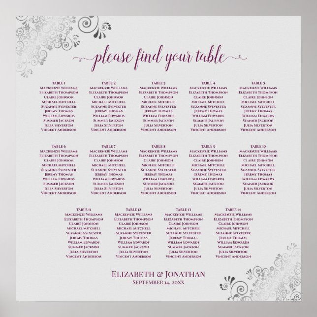 14 TabellenCassis on Gray Wedding Seating Chart Poster (Vorne)