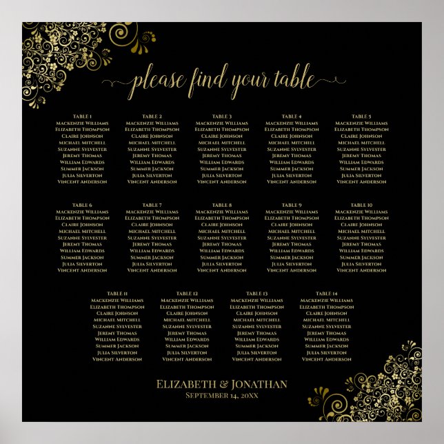 14 Table Gold Frills Hochzeitssattel Schwarz Poster (Vorne)
