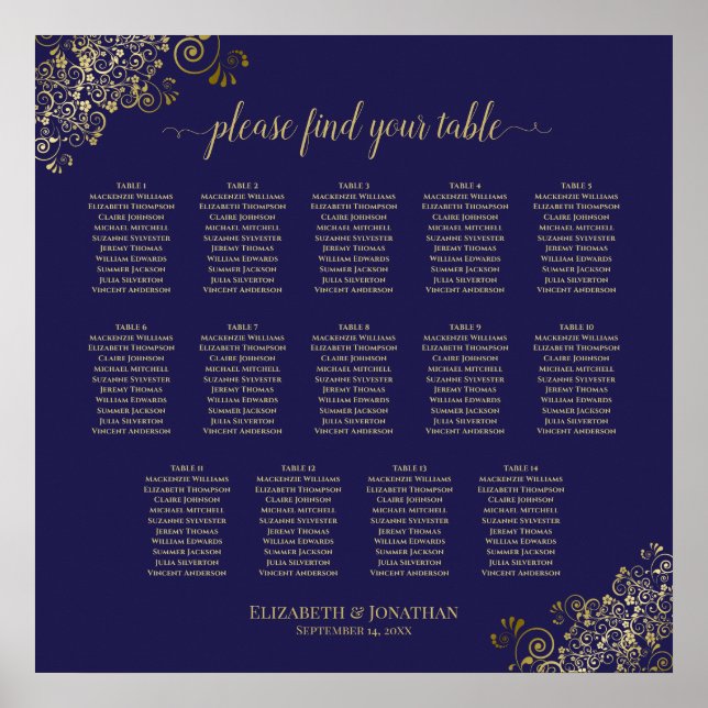 14 Table Lacy Gold Hochzeitssattel Navy Blue Poster (Vorne)