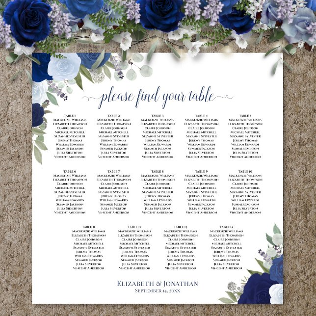 14-Tisch-Blumen-Boho-Hochzeits-Sitzplan Poster (In Situ on Wall with Flowers)