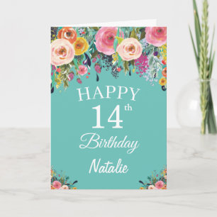 14th Birthday Watercolor Floral Flowers Teal Karte