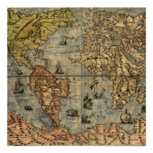 1565 Forlani Antike Weltkarte Vintage-Kartographie Poster