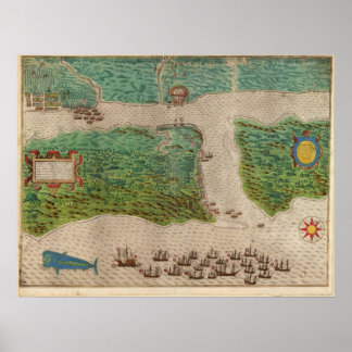 1589 Karte - Drake's Voyage - St. Augustine, Flori Poster