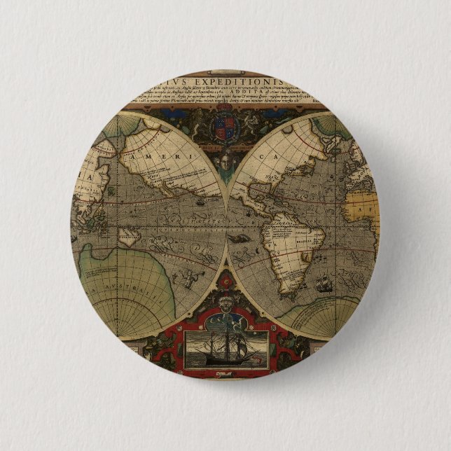 1595 Vintage Weltkarte durch Jodocus Hondius Button (Vorderseite)