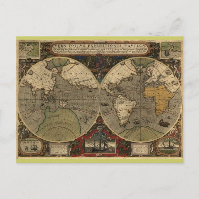 1595 Vintage Weltkarte von Jodocus Hondius Postkarte (Vorderseite)