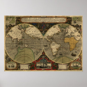 "1595 World Map of Hondius" Historische Karte Poster