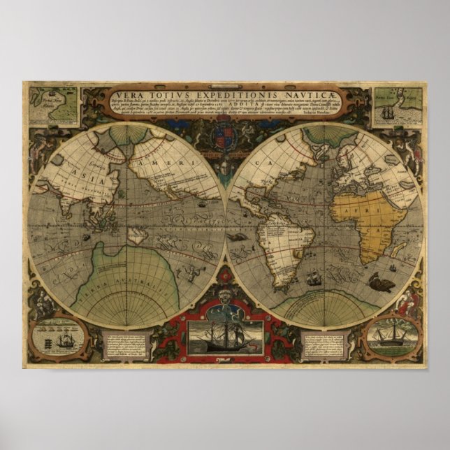 "1595 World Map of Hondius" Historische Karte Poster (Vorne)