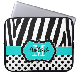 15" Aqua Black Zebra Stripes Polka Dot Laptop Case
