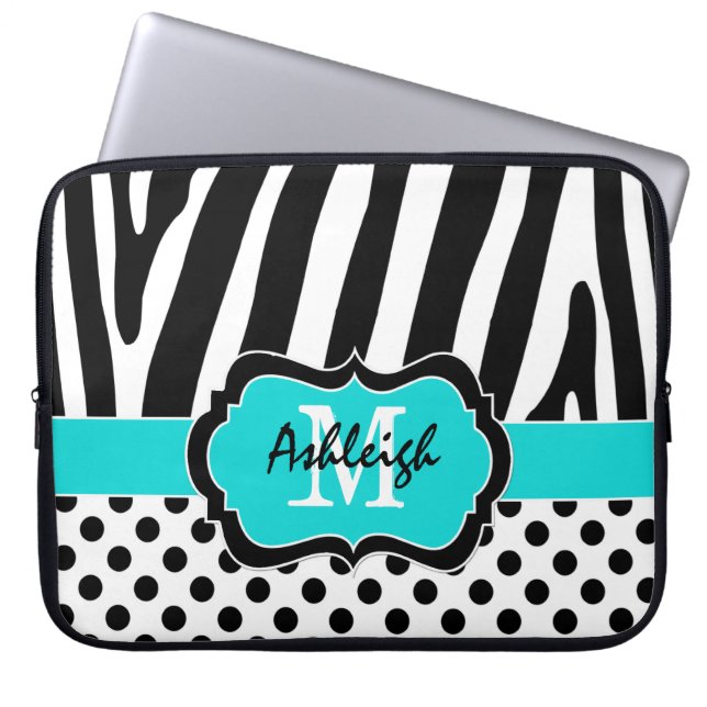 15" Aqua Black Zebra Stripes Polka Dot Laptop Case (Vorderseite)