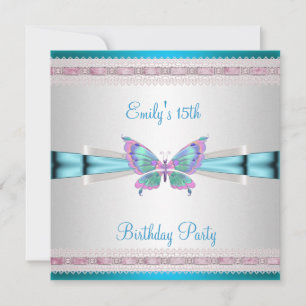 15. Aquamarin Blue Pink Butterfly Geburtstag Einladung