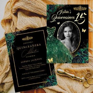 15. Emerald Green Gold Foto Quinceanera Foil Inv Folieneinladung