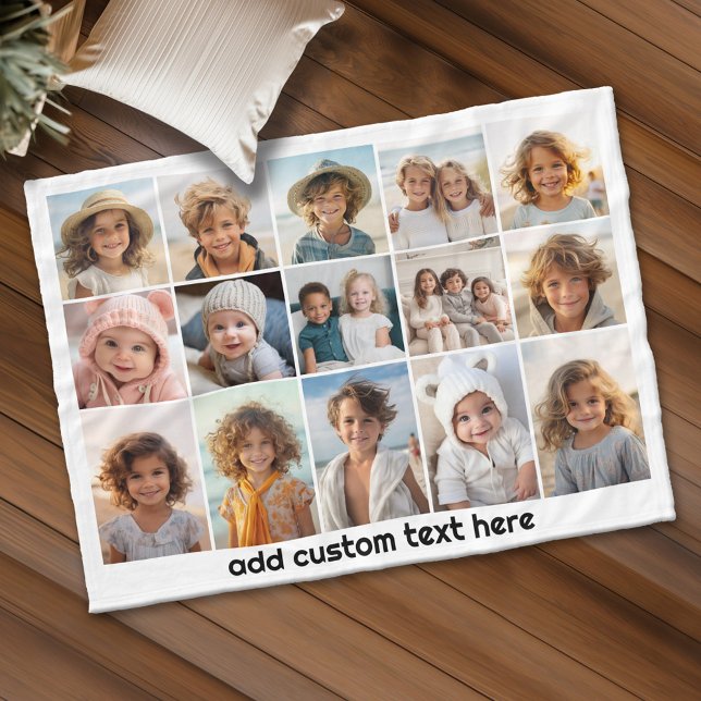 15 Foto Collage Grid - Skripttext - Schwarz-weiß Fleecedecke (Personalized fleece blanket with 15 photos and custom text)