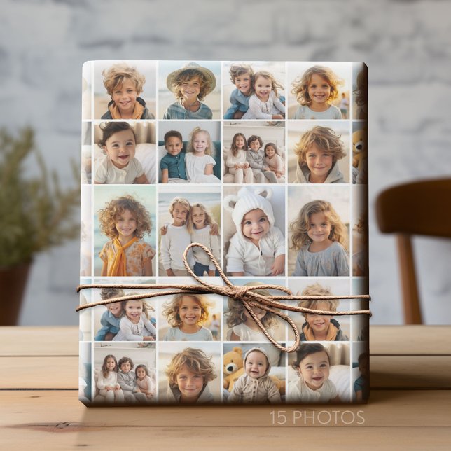 15 Foto Collage Grid - weißer Hintergrund Geschenkpapier (Custom Photo Collage Wrapping Paper - All Occasion)