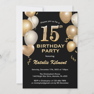 15. Geburtstag Black and Gold Glitzer Balloons Einladung