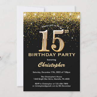 15. Geburtstag Black and Gold Glitzer Confetti Einladung