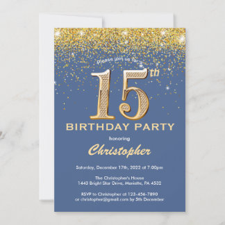 15. Geburtstag Blue and Gold Glitzer Confetti Einladung
