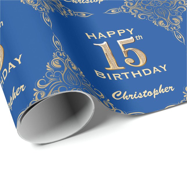 15. Geburtstag Blue and Gold Glitzer Frame Geschenkpapier (Rolleneckpunkt)
