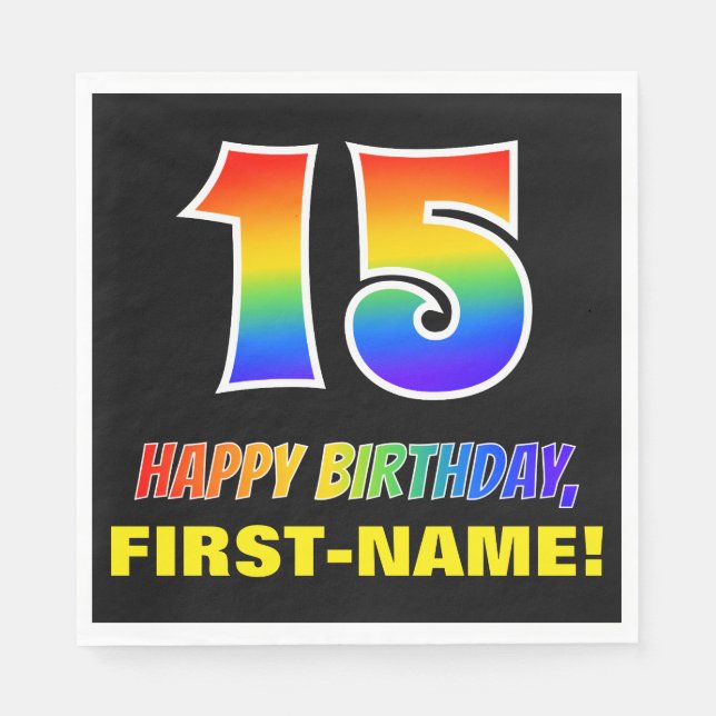 15. Geburtstag: Bold, Fun, Simple, Rainbow 15 Serviette (Vorderseite)