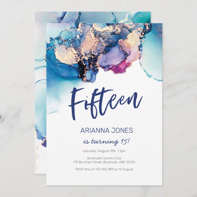 15. Geburtstag Einladung Blaues Abstraktes Wasser (Vorne/Hinten)