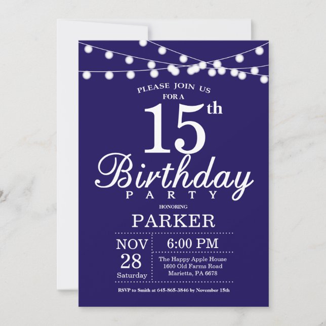 15. Geburtstag Einladung Navy Blue (Vorderseite)