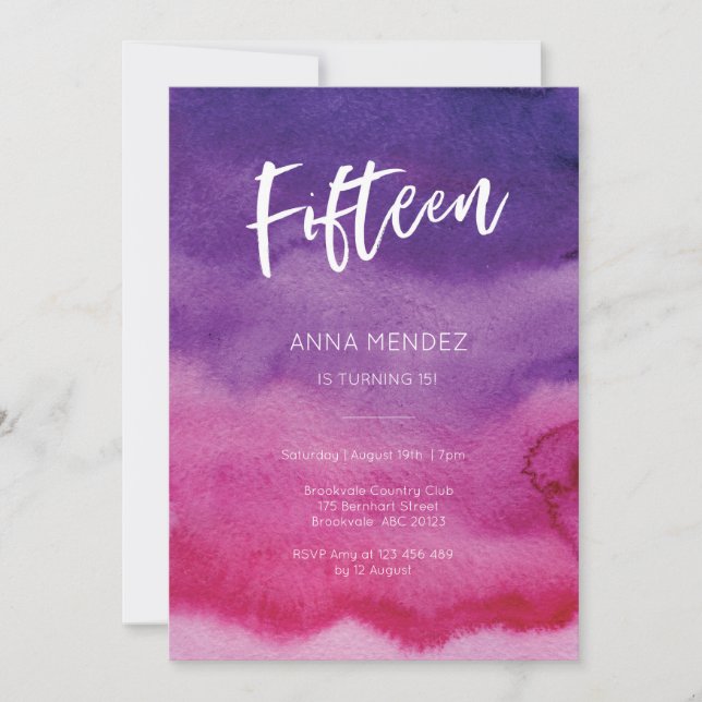 15. Geburtstag Einladung Rosa Lila Wasserfarbe (Vorderseite)