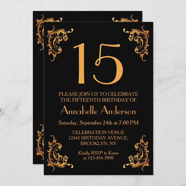 15. Geburtstag Elegantes Gold Vintages Retro Einladung (Vorne/Hinten)