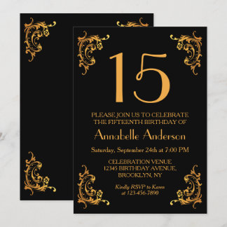 15. Geburtstag Elegantes Gold Vintages Retro Einladung