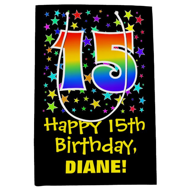 15. Geburtstag: Farbiges Sternenmuster & Regenboge Mittlere Geschenktüte (Vorderseite)