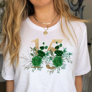 15. Geburtstag Gold Floral Zahl 15 Grüne Rose T-Shirt