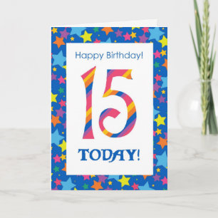 15. Geburtstag hell, farbenfrohe Streifen und Ster Karte
