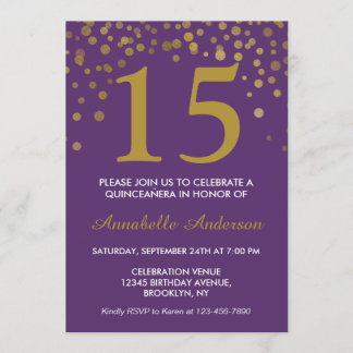 15. Geburtstag Lila Golddots Quinceañera Einladung