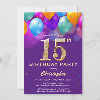 15. Geburtstag Lila und goldene Ballons Einladung