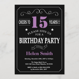 15. Geburtstag Lila und schwarzer Halbpension Einladung