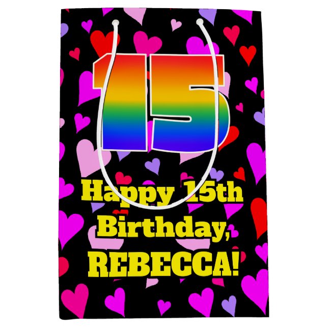 15. Geburtstag: Loving Hearts Pattern, Regenbogen  Mittlere Geschenktüte (Vorderseite)