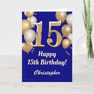 15. Geburtstag Navy Blue und Gold Balloons Confett Karte