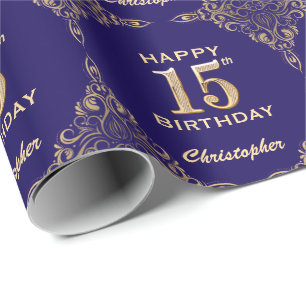 15. Geburtstag Navy Blue und Gold Glitzer Frame Geschenkpapier