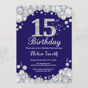 15. Geburtstag Navy Blue und Silver Diamond Einladung