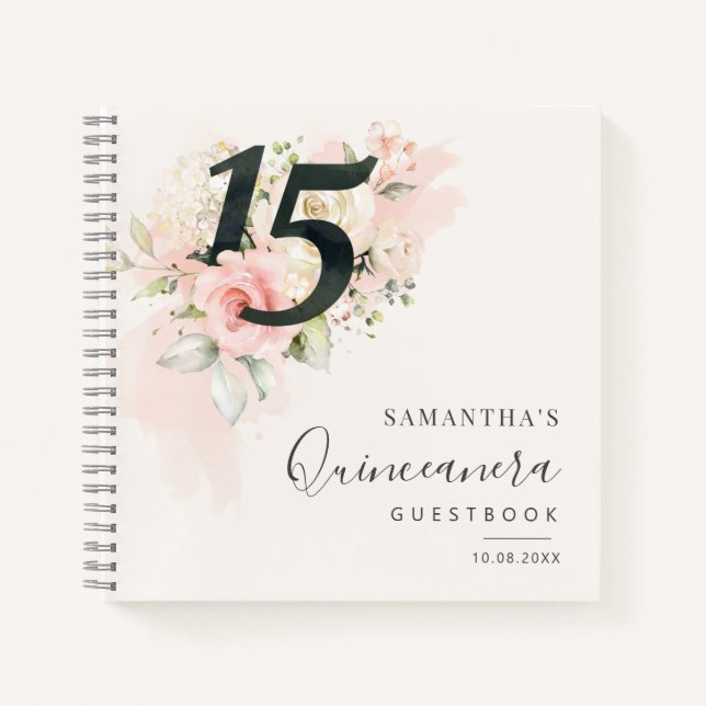 15. Geburtstag Pink Floral Qunceanera Gast Notizbuch (Vorderseite)