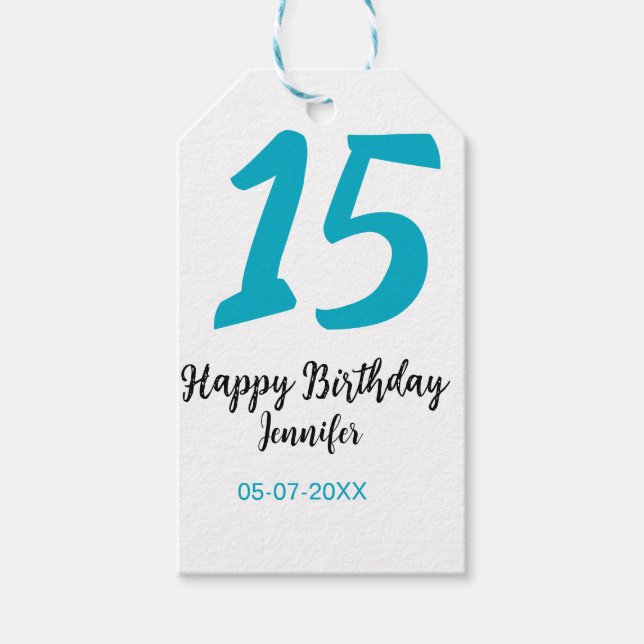 15. Geburtstag quiencenera fügen Datum Jahr blauen Geschenkanhänger (Vorderseite)