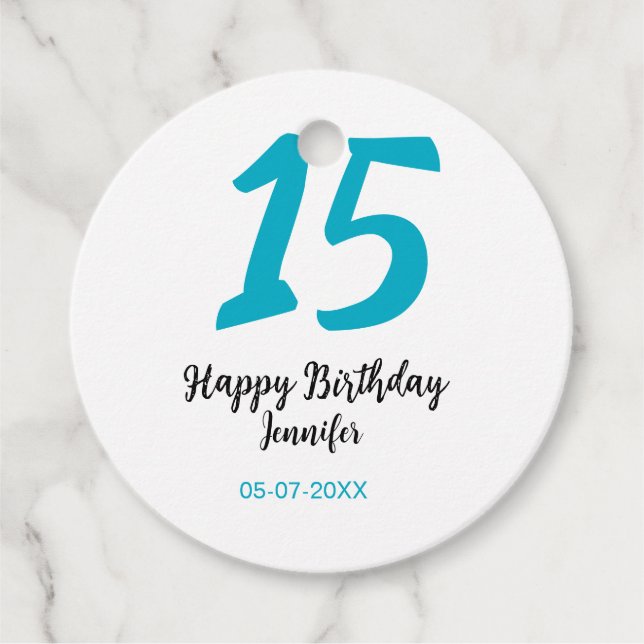 15. Geburtstag quiencenera fügen Datum Jahr blauen Geschenkanhänger (Vorderseite)