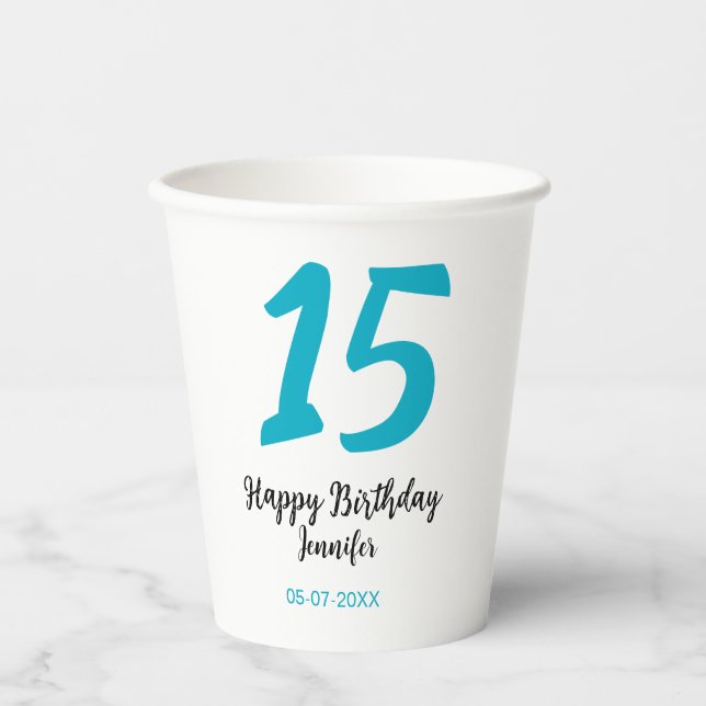 15. Geburtstag quiencenera fügen Datum Jahr blauen Pappbecher (Vorderseite)