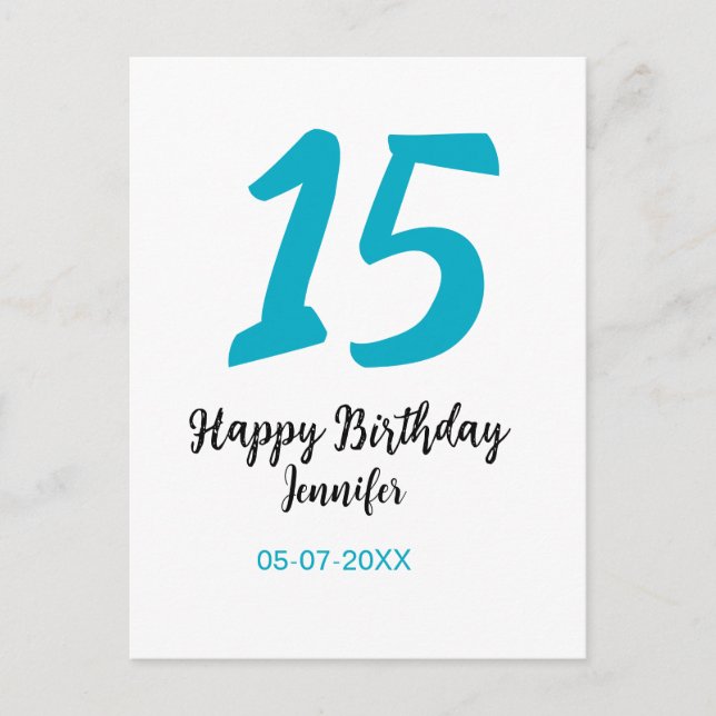 15. Geburtstag quiencenera fügen Datum Jahr blauen Postkarte (Vorderseite)