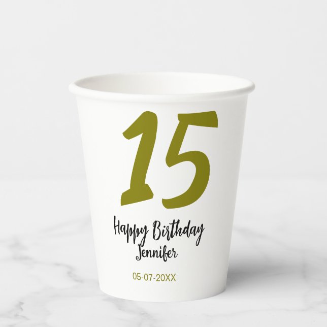 15. Geburtstag quiencenera fügen Datum Jahr golden Pappbecher (Vorderseite)